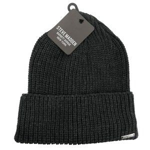 Steve Madden Ribbed Beanie Knit Hat Charcoal